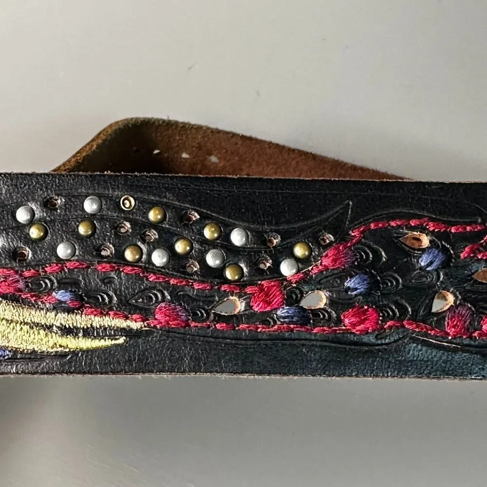 Lucky Brand Embroidered Peacock Black Leather Belt Large Studs Boho